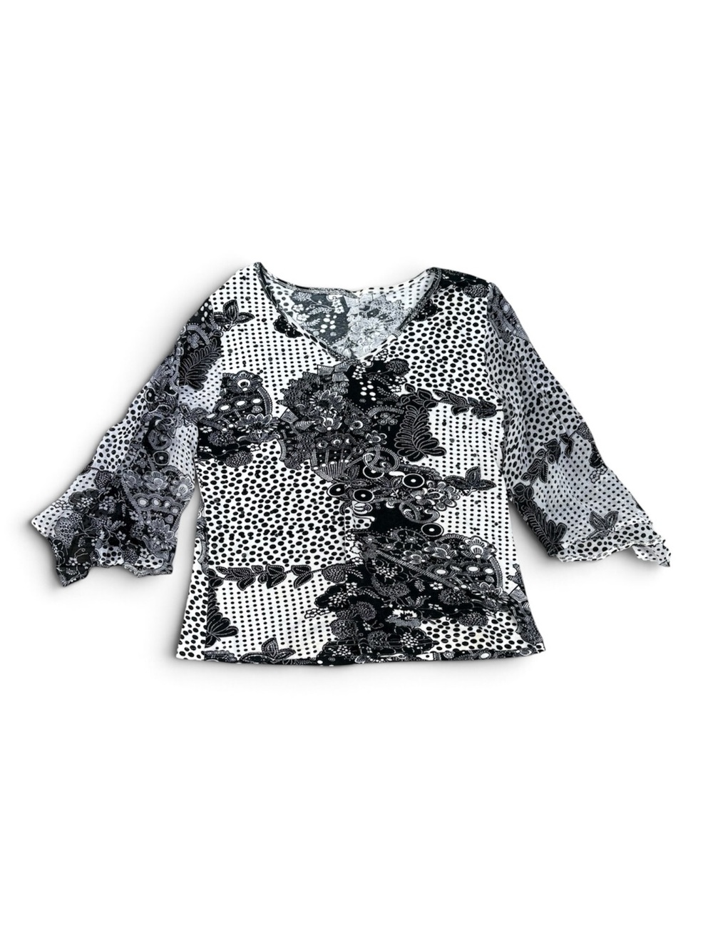 Vintage Y2K Beaded Floral Top Black White Flare Sleeve